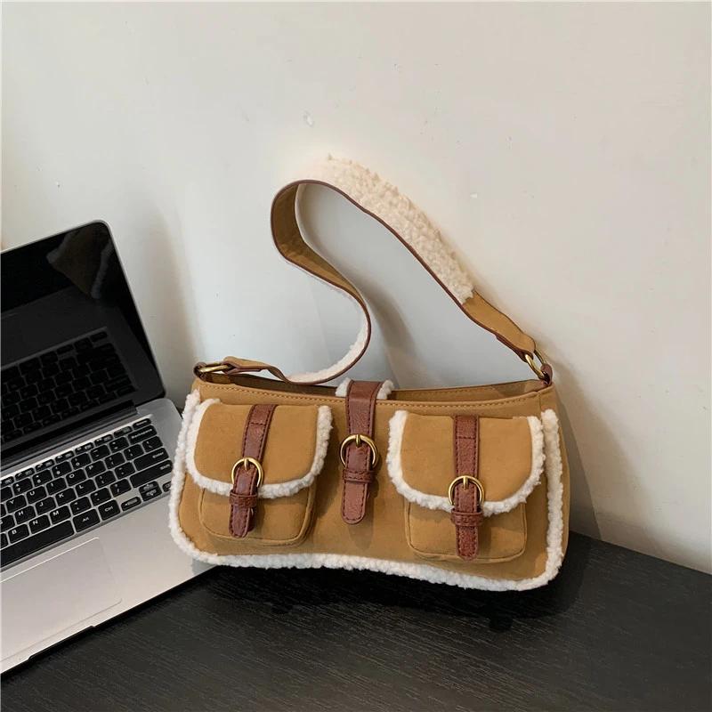 Versatile Fur Shoulder Bag  Suede Patch  Lamb's Wool  Retro Fur