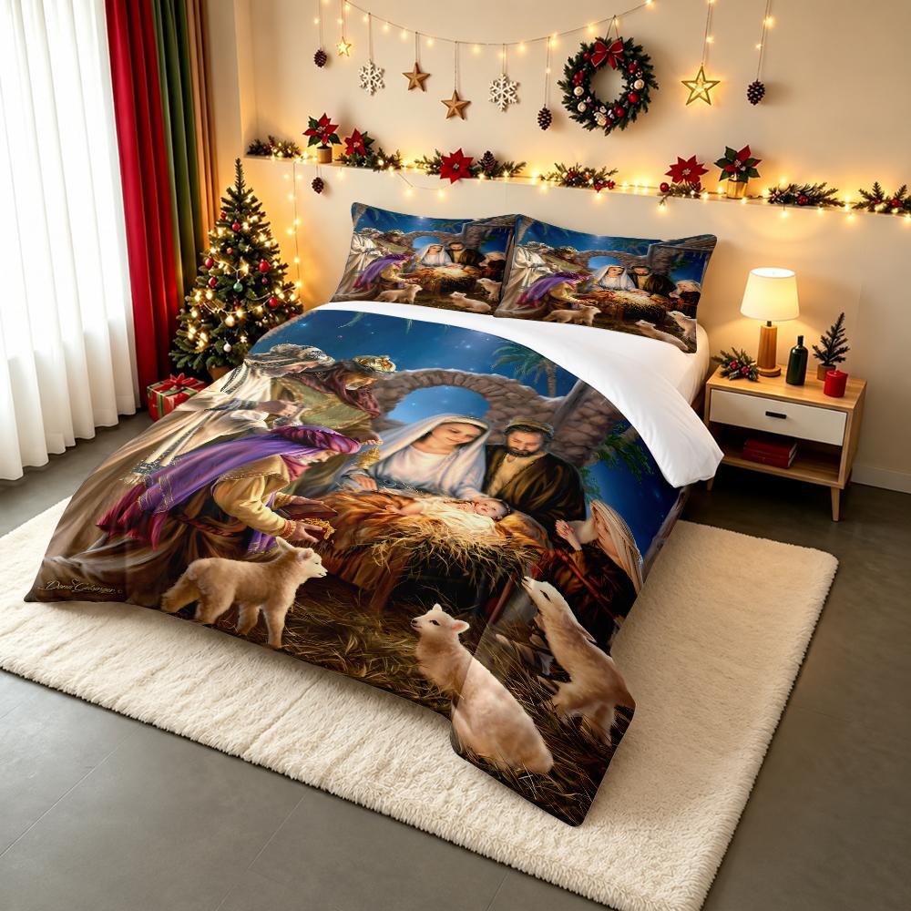 Nativity Scene Birth of Jesus Bedding set (1 duvet cover, 2 pillowcases, duvet not included), Three Wise Men Manger Art Print