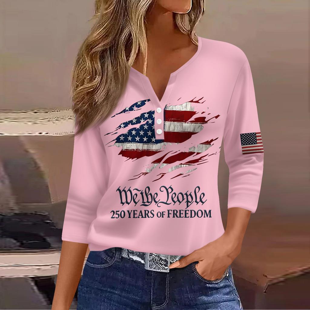 Women's T Shirt Independence Day Print Button 3/4 Sleeve Daily Weekend Fashion Basic V- Neck Regular Top