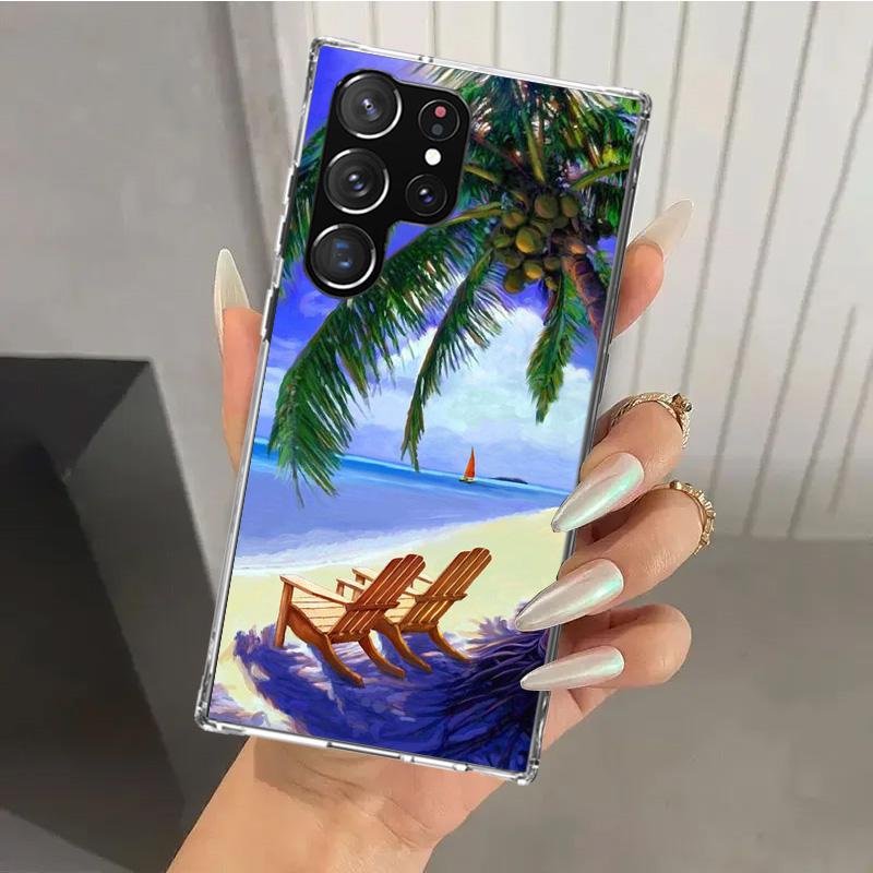 Letni Zachód Słońca nad Morzem z Palmą Etui na Telefon dla Samsung Galaxy S26 S24 S23 Ultra S25 Edge S22 S21 Plus S20 FE + Miękki Nadruk Osłona