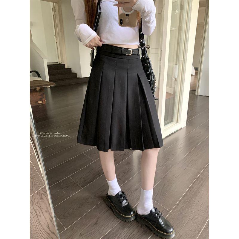 

Kumikumi Preppy Style Pure Color High Waist Suit Skirt Women s Autumn Slimming All-Matching Youthful-Looking Pleated Skirt Skirt Black XL