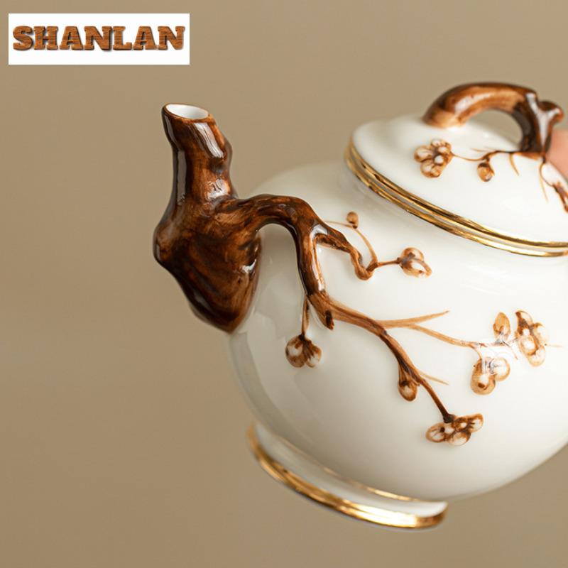 300ml Handmade Relief Plum Blossom Art Teapot Aesthetic Sheep Fat Jade Porcelain Pot Tea Making Kettle Teaware Accessories Gift