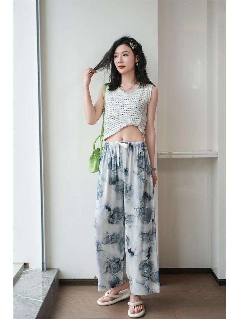 Dámské letní kalhoty květinové bavlny a viskózy nadměrné velikosti - Tenké, ležérní, dlouhé na spaní a plážové oblečení