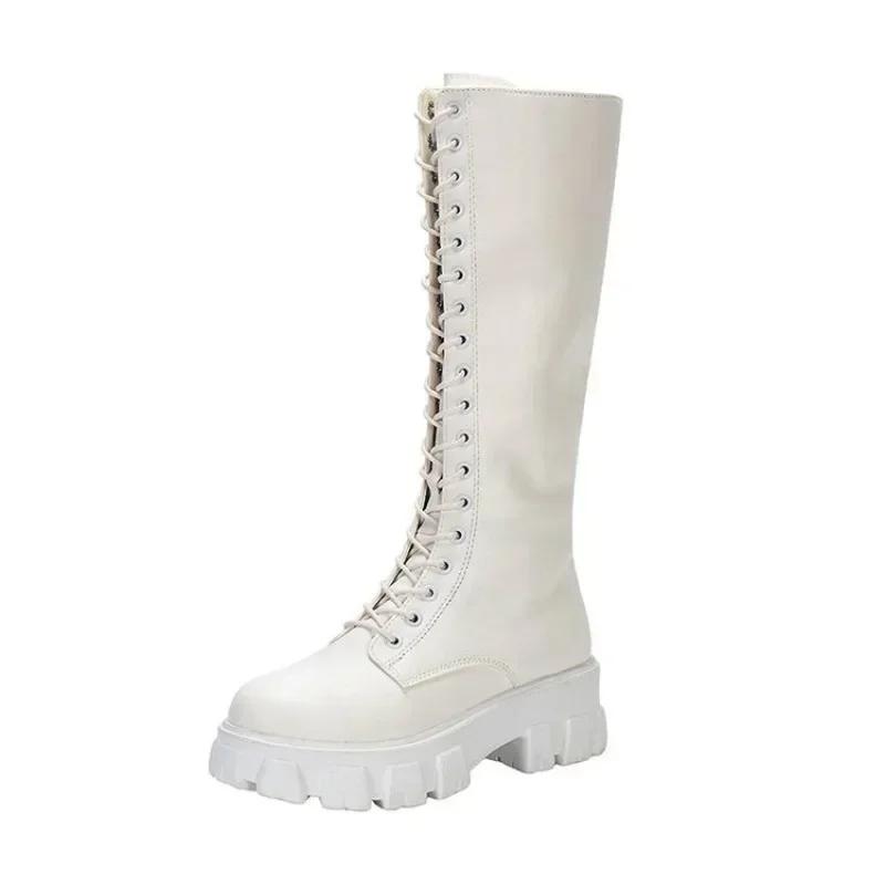 Fashion Women's Mid Calf Boots Padded Shoes Knee High Winter Sneakers Punk Style Military Casual White Black 2024 Lucury Platform Woman