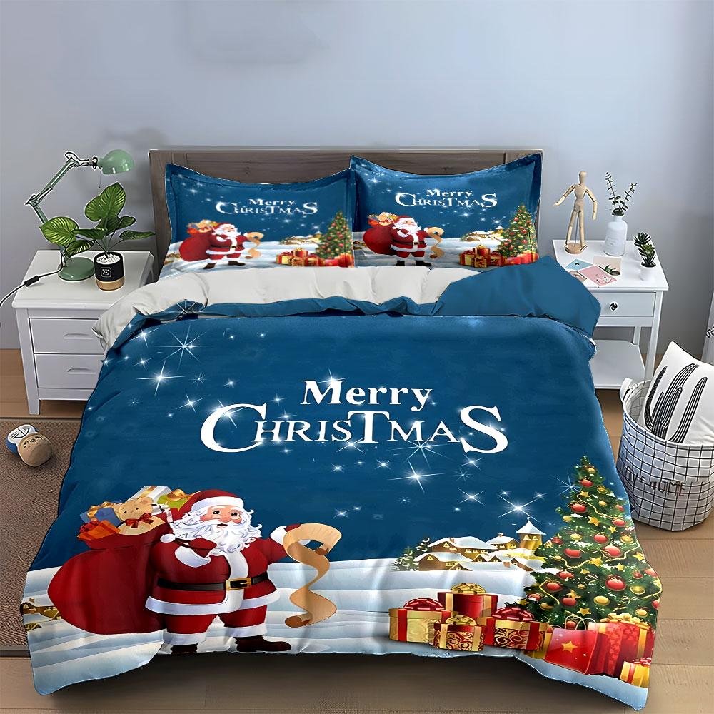 Santa with Gifts Christmas Set Bedding Duvet Cover Set Duvet Cover Pillowcases (1*Duvet Cover 2*Pillowcases, Without Duvet Insert)