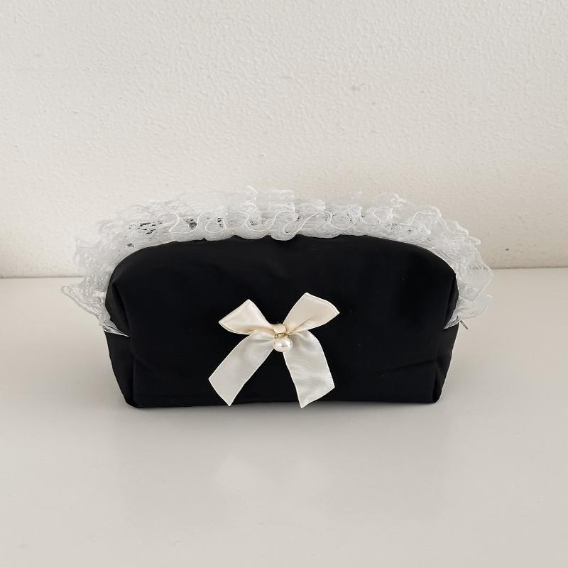 Black Lace Bow Makeup Bag Large Capacity Toiletry Bag Travel Cosmetic Organizer Cute Korean Portable Pouch For Women