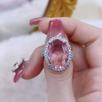 Luxuriöse Damen Hochzeitsringe Sterling Silber Weiß Rosa Champagner Zirkon Oval Naturstein Ehering