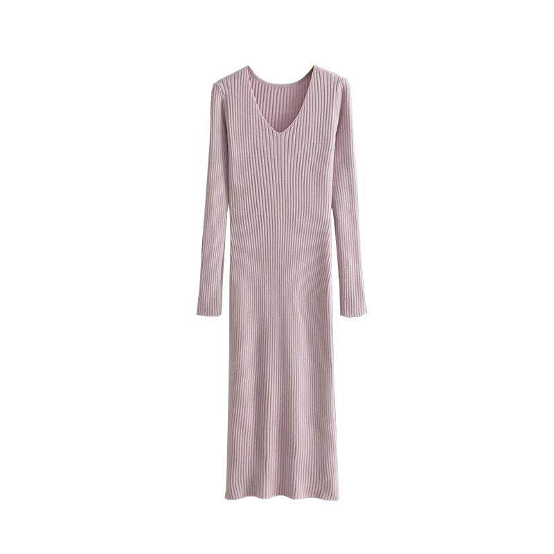 Fall Winter Lazy Wind Loose V-Neck Sweater Dress Women's Long Sleeve Straight Knit Pit Strip Wide Dresses