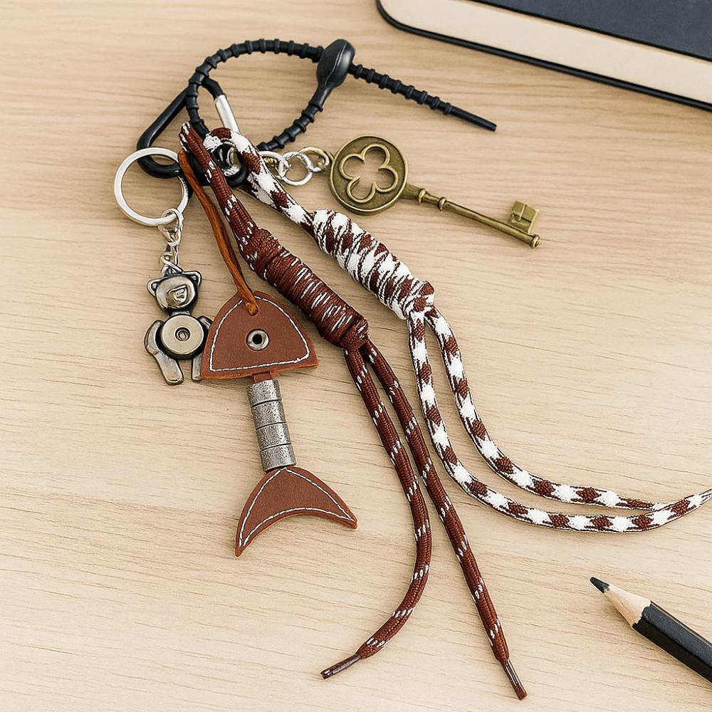 Bag Hanging Leather Fishbone Keychain Handmade Woven Ropes Keyring  Jewelry Accessories