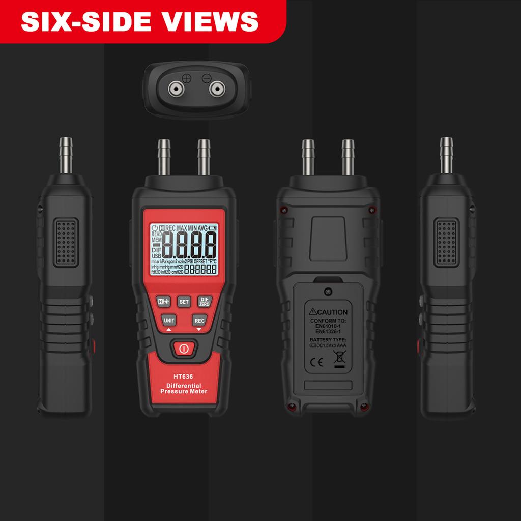 Digital Manometer Handheld HVAC Gas Pressure Tester High Accuracy Dual Port with Storage Bag HT636 Differential