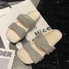 One-word cold slippers with rhinestones for women's summer wear 2025 new flat-bottomed beautiful slippers with skirts and strappy sandals.