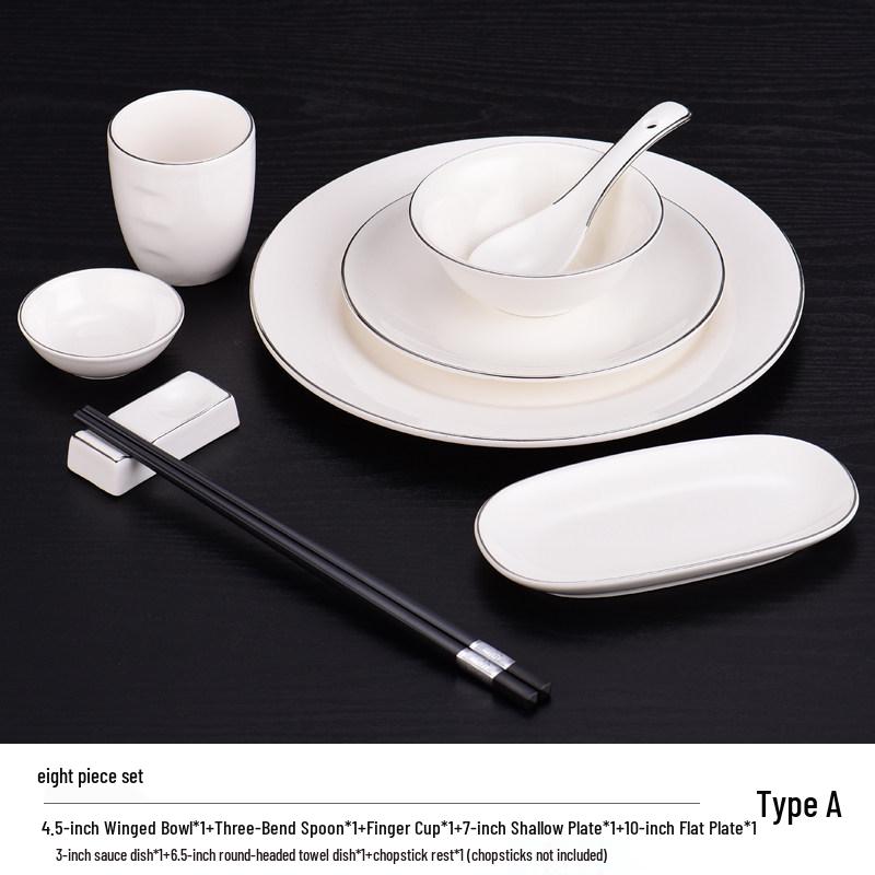 Elegant Ceramic Tableware Set: White with Platinum Rim - Includes Plates, Bowls, and Dishes for Restaurants or Clubhouses, Available in 3 or 4 Pieces