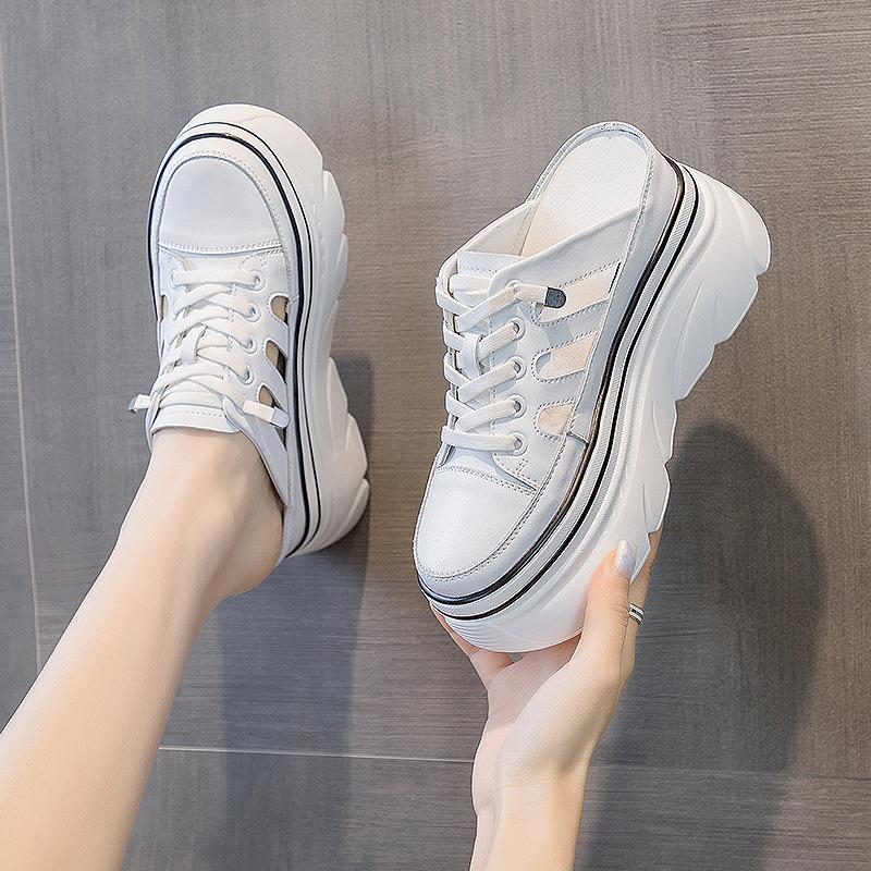 Lazy bag head half slippers women's summer outer wear 2025 new hollow breathable inner height-increasing muffin shoes white shoes