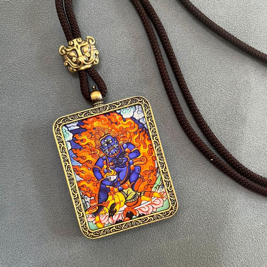 Thangka Pendant Necklace - Yellow & Black Guardian Buddha Amulet