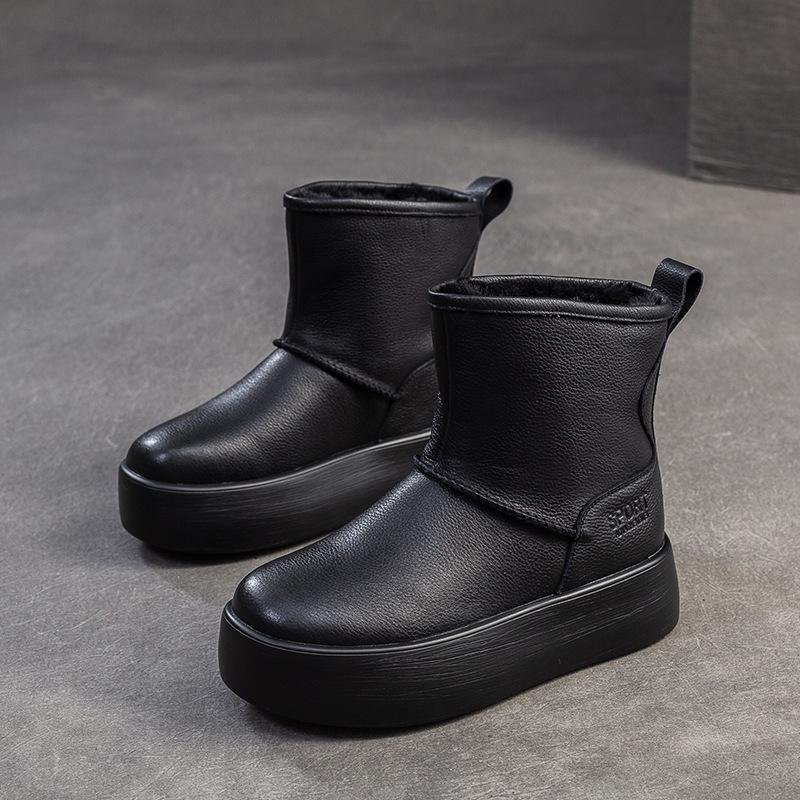 

Fashion GKTINOO 5cm Genuine Leather Chunky Cow Spring Rubber Ankle Boots Soft Soled Winter Plush Flats Booties Autumn Women Shoes 225