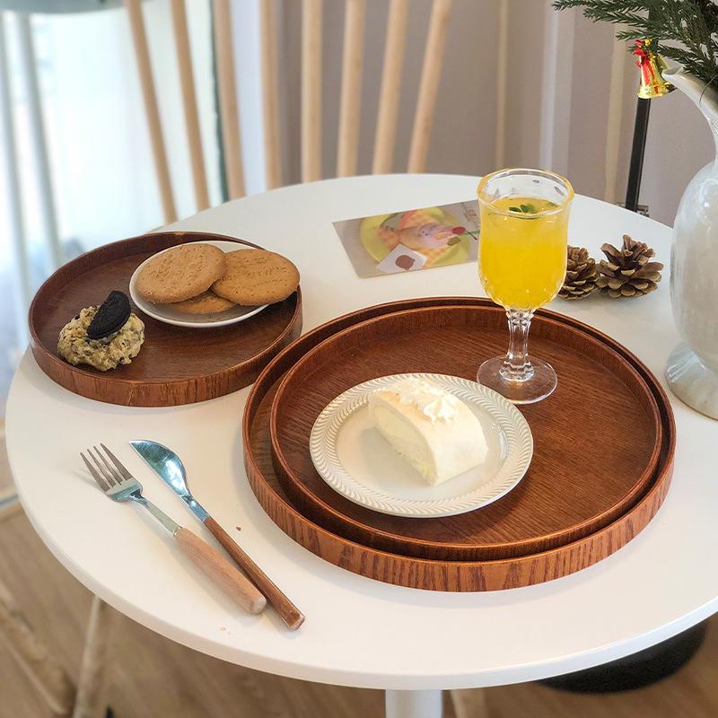 Wooden Retro Cake Stand & Tea Tray - Round Dessert & Storage Plate for Home or Cafe
