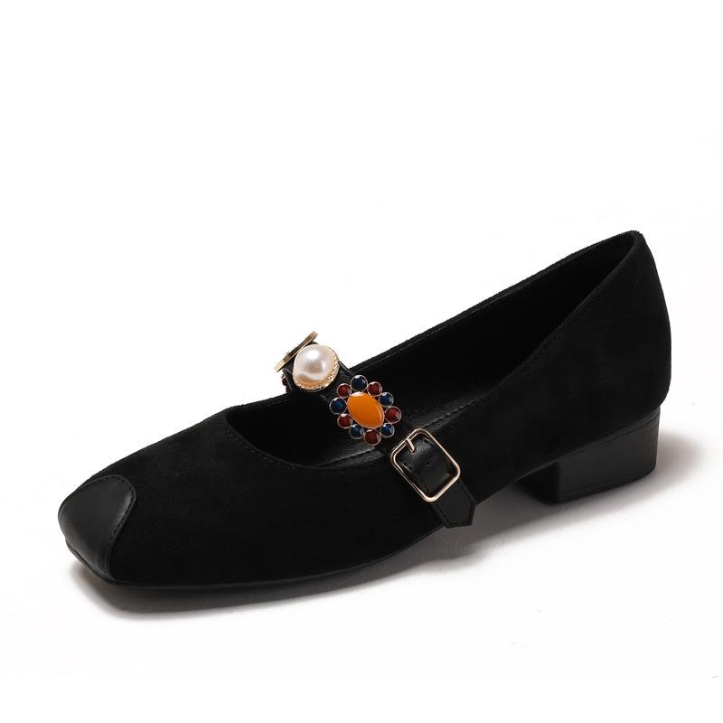 Fashion French Retro Suede Single Shoes for Women Office Ladies Low Heel Pumps Pearl Strap Mary Jane Shoes Size 35-43 Zapatos De Mujer