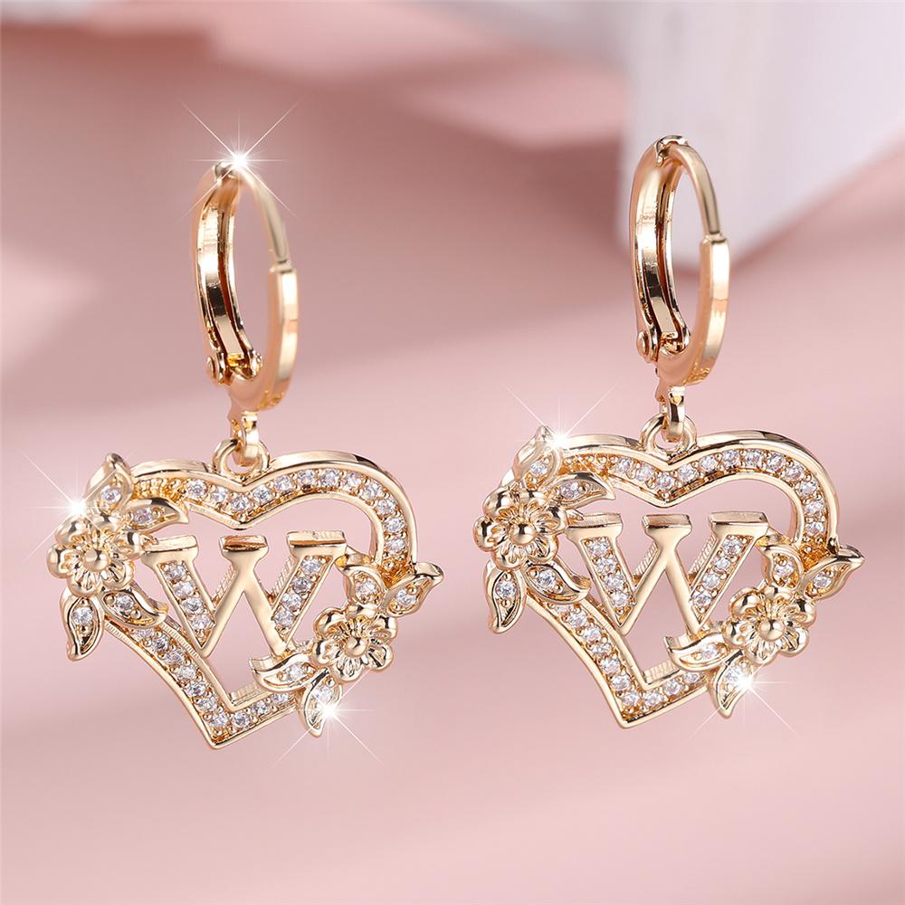 Vintage Hollow Love Heart Flower A-Z 26 Letters Hoop Earrings Yellow Gold Color White Zircon Earring Wedding Jewelry For Women