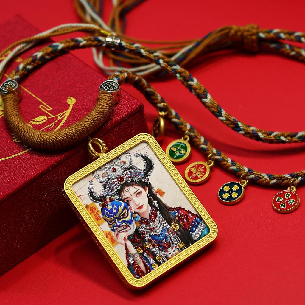 Classic Gold Tone Thangka Necklace: Multicolored Tibetan Zhakilamu, Female Wealth, Dazzling Colors, Semi-Handmade.