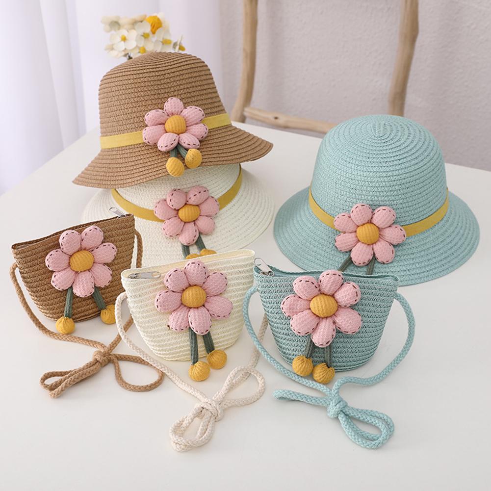 Girls Summer Straw Hat Bag Children Breathable Sunscreen Hat Straw Coin Purse For Outdoor