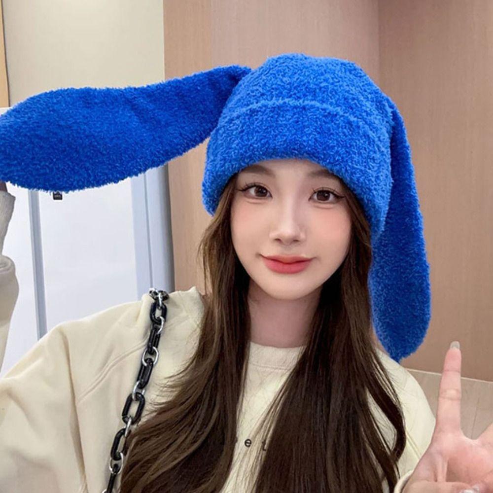 Knitted Rabbit Ear Hats Y2K Plush Skull Cap Cute Women Beanie Hat Ladies