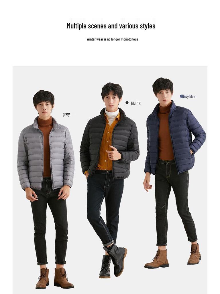 Męska lekka kurtka puchowa ze stójką, 90% puchu, styl koreański, plus size