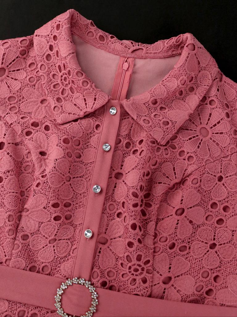 AOMEI Umlegekragen, Kurzarm, Spitze, Patchwork, hohe Taille, A-Linie, plissiertes Büro-Arbeitskleid für Damen