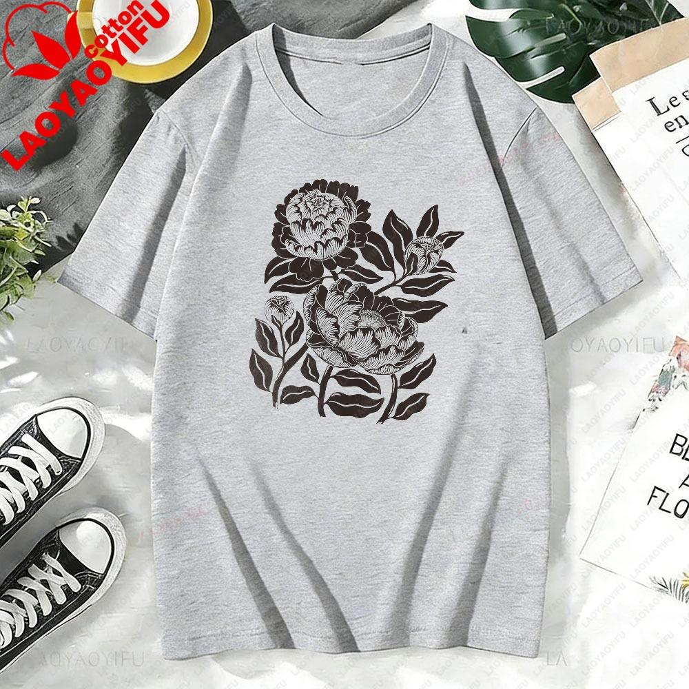 Peony Floral Ringer Tee Vintage Botanical TShirt Cottagecore Flower Shirt Retro Linocut Floral Tee Boho Garden Graphic Shirt S