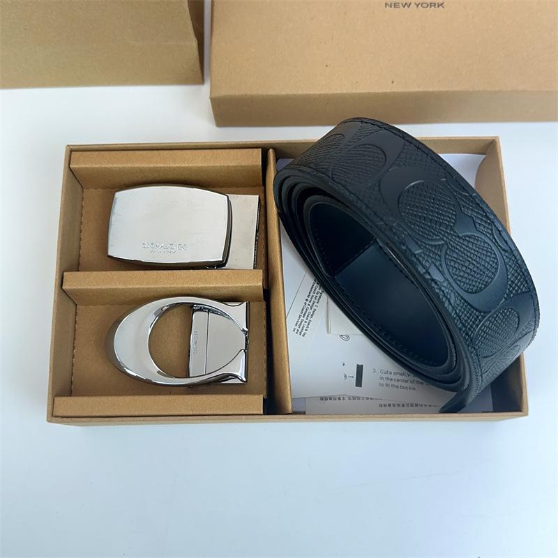 Men's Classic Double Buckle Leather Belt with C Buckle and Fabric Texture - Business Casual Trousers Accessory