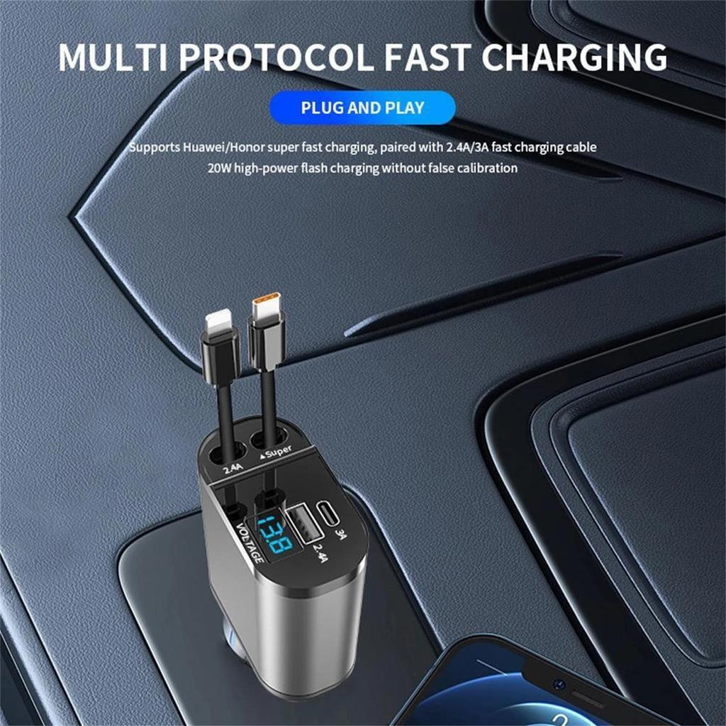 Retractable Cable Car Charger 120W Lighter Fast Charging Flash Charging Retractable Cable Four-in-one