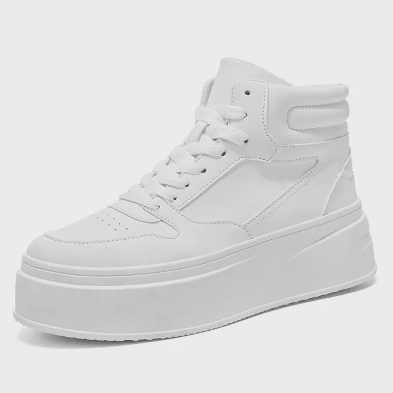 2024 Korean Style Men's White High-Top Sneakers: Autumn/Winter Casual Height-Increasing Sports Shoes