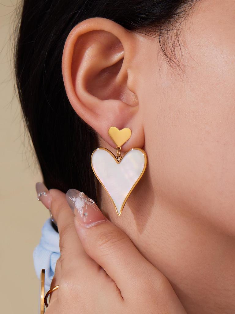 Oumeka Natural Seashell Heart Earrings & Ring Set - Stainless Steel Fashion Jewelry