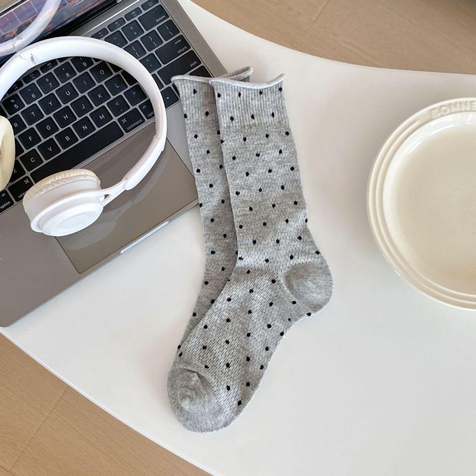 Polka Dot Socks, Women's Mid-calf Socks, Trendy Summer Thin Cotton Student Mesh Breathable Rolled-up Long Socks