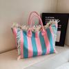 2026 Damen-Tragetasche für Reisen Strandtasche Große Kapazität Schulter-Pendlertaschen Hand-Quaste Jeans-Print Quaste Gespleißte Handtaschen