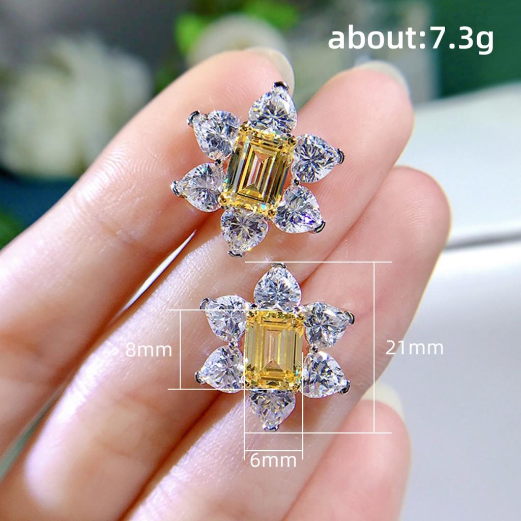 Yellow Zircon Flower Stud Earrings Sparkling Wedding Banquet Jewelry