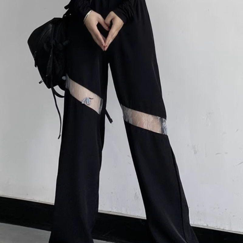 

Plus Size Women s High Waist Ripped Wide Leg Suit Pants - Spring/Summer Harajuku Style 3XL [75-82.5 kg] чёрный