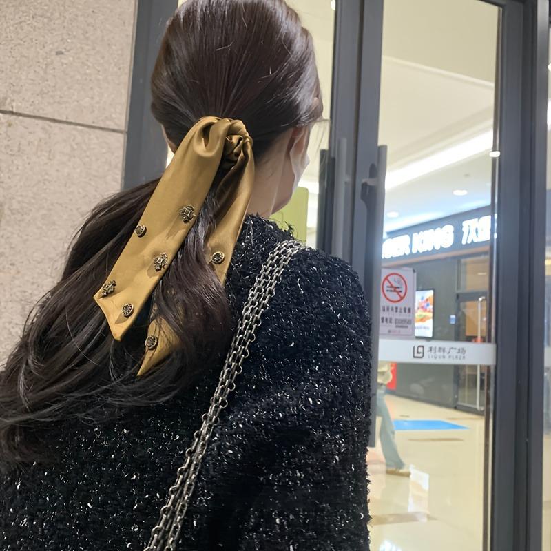 Light Luxury Satin Ribbon Hairband with Metal Cross Decorations and Elastic Band Vintage Style High-end Hair Accessories