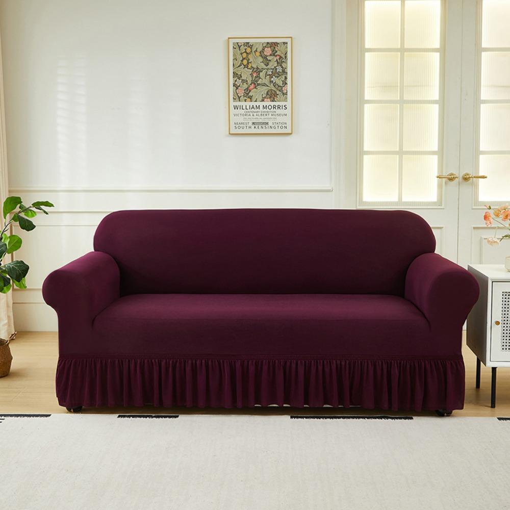 Elastic Solid Color Sofa Cover Full Protection Slip Resistant Minimalist Skirted Design