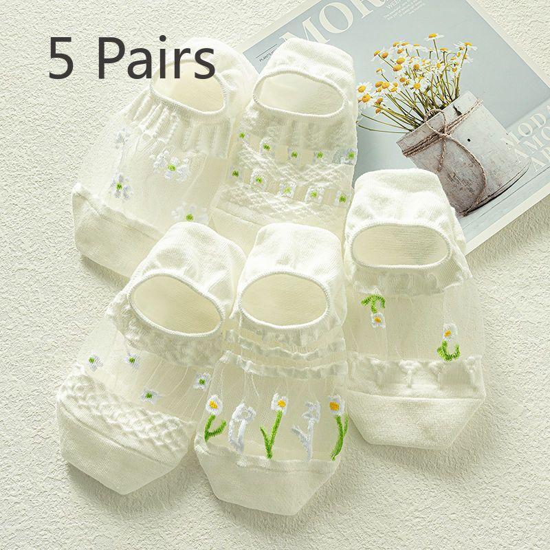 

5 пар женских летних ультратонких полых дышащих прохладных белых незаметных носков-лодочек 5 Pairs