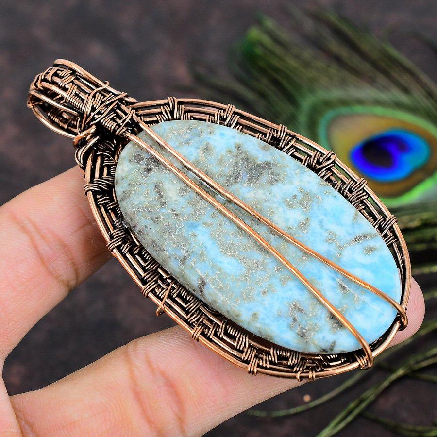 Natural Caribbean Larimar Gemstone Copper Wire Wrap Gift Pendant 3.59 I4S27