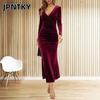 JPNTKY Fashion Autumn Winter Solid Color Print Long Sleeve V-Neck Casual Dresses