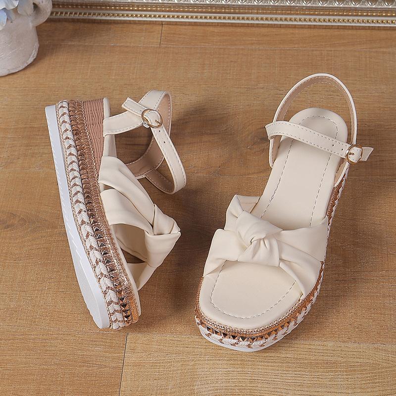 

Summer new muffin wedge heel sandals women s bow hemp rope bottom platform casual women s sandals 41