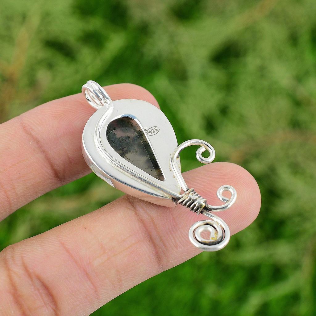 Daughters Day Deal Solar Moss Agate Stone 925 Sterling Silver Elegant Pendant
