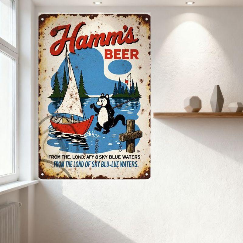 Vintage Hamm's Beer Metal Tin Sign with Sailboat & Bear, Weathered Aged Distressed Rusty Edges Decor for Man Cave Bar Pub Home