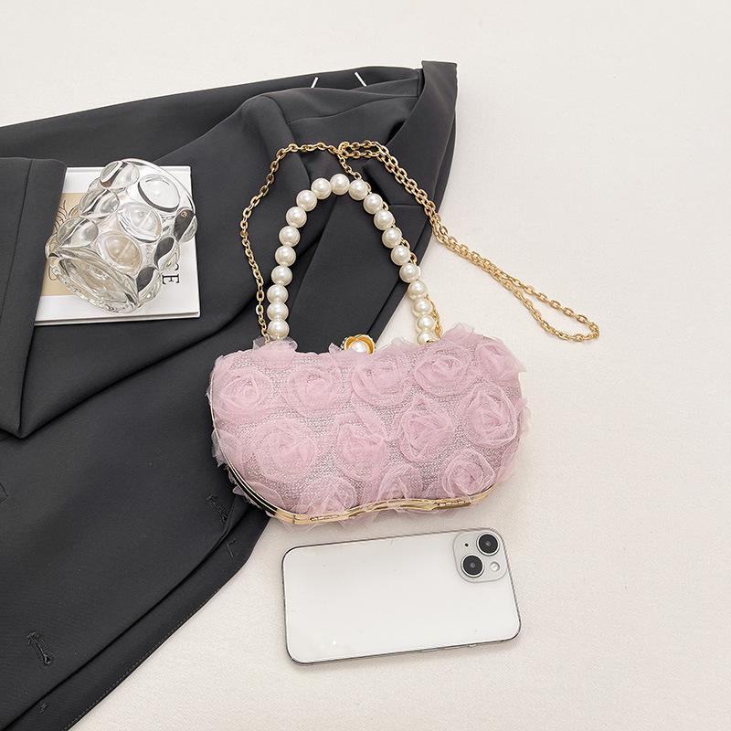 New Lace Flower Evening Bag Pearl Chain Clip Shell Bag Women Crossbody Bag