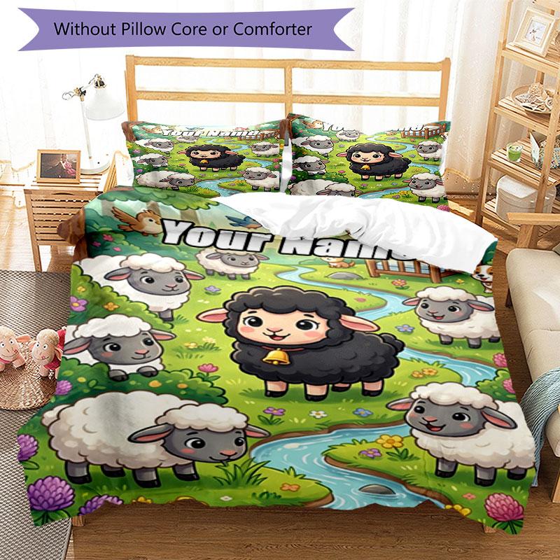 3PC Custom Name Sheep Garden Bedding Set Duvet Cover Closure Includes 1 Duvet Cover & 2 Pillowcases for Bedroom