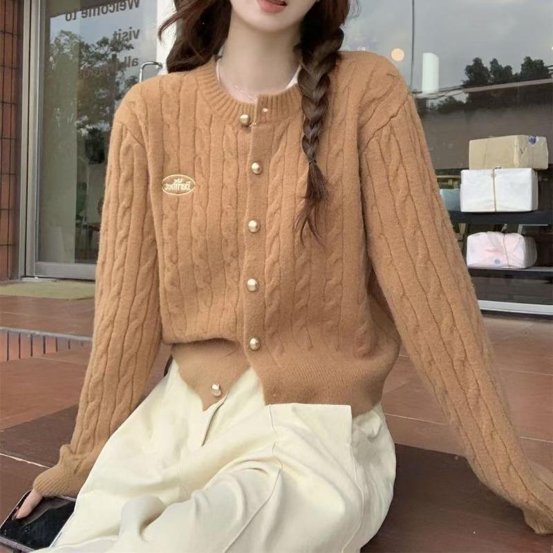 Autumn crew neck single-breasted cardigan sweater women's twist design sense knitted women's college style jacket