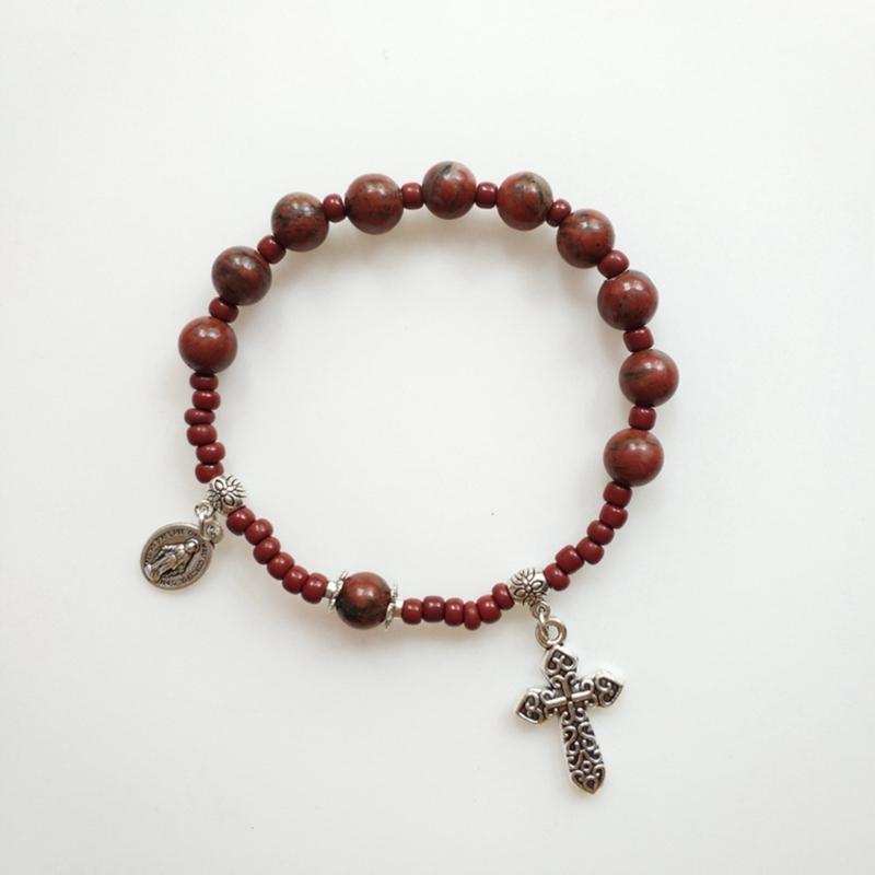 Glass Bead Baptism Religious Gift Catholic for Cross Finger Chain Mini Rosary Sesame Red for Cross Rosary Bracelet for W