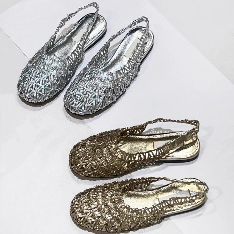 New Women's French Woven Hollow Fishnet Loafers Mary Jane Summer Luxury Designer Athletic Low Heel Round Toe Flats Sandals Shoes