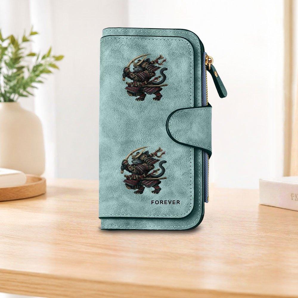 Samurai Cat Pattern Long Zipper Wallet, Large Capacity Card Holder, Unisex Clutch Bag, Fashionable Zipper Coin Purse, Suitable for Daily Use, A Great